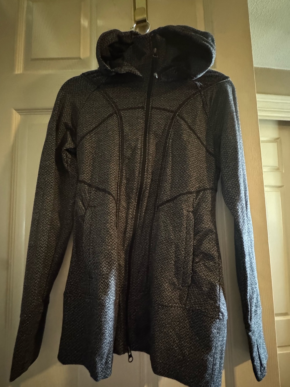 Athleta- Women's Hooded Zip Front Herringbone Jacket- Black/Gray